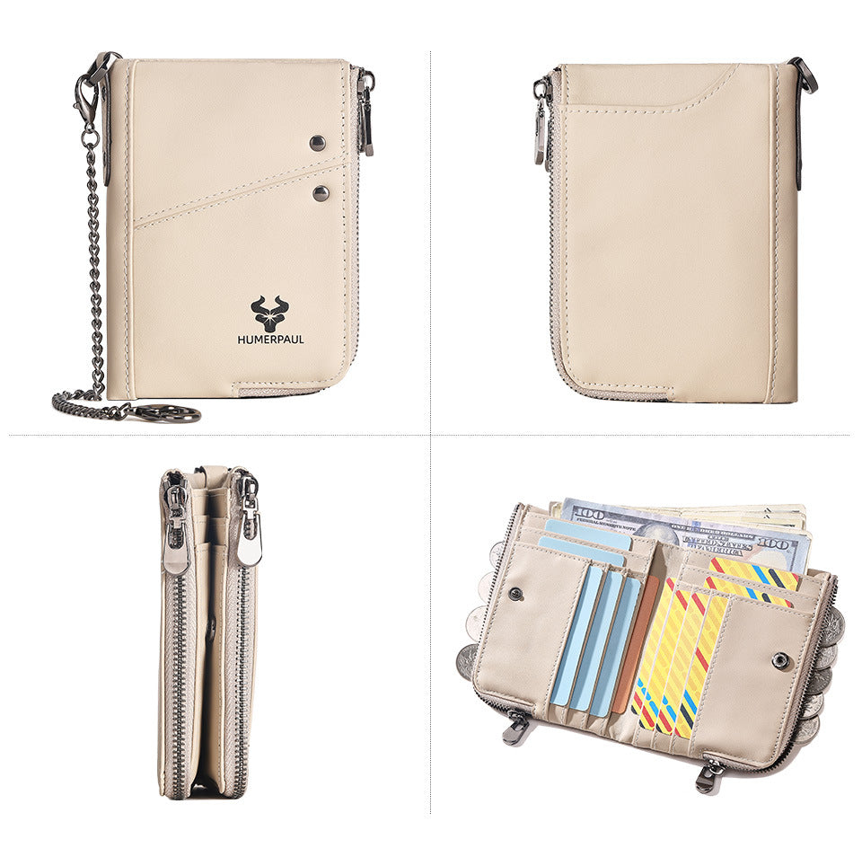 Genuine Leather Double Zipper Wallet - Brown RFID Blocking Bifold Card Holder - Vintage Cowhide Purse with Coin Pockets (13cm)