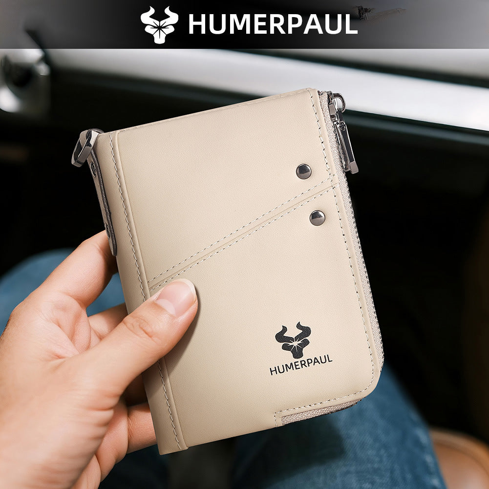 Genuine Leather Double Zipper Wallet - Beige RFID Blocking Bifold Card Holder - Vintage Cowhide Purse with Coin Pockets (13cm)