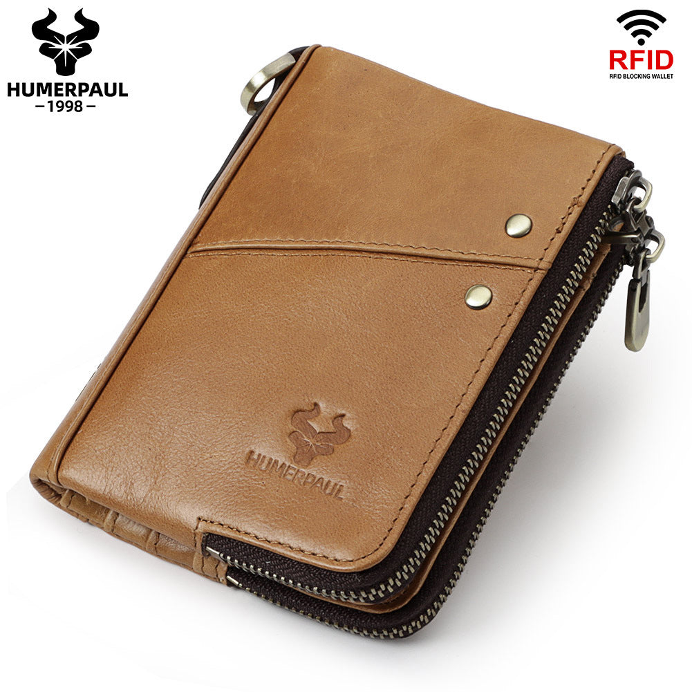 Genuine Leather Double Zipper Wallet - Light Brown RFID Blocking Bifold Card Holder - Vintage Cowhide Purse with Coin Pockets (13cm)