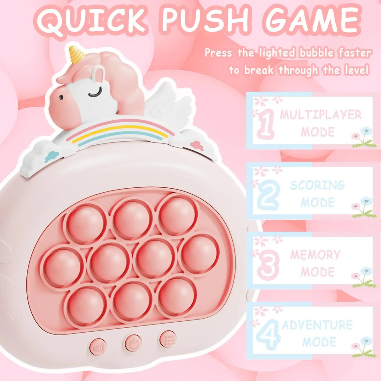 Electronic Fast Push Pop Game - Pink Unicorn Fidget Console with Lights & Sound - 4 Modes Memory & Speed Challenge - Interactive Sensory Toy for Kids 3+ & Travel