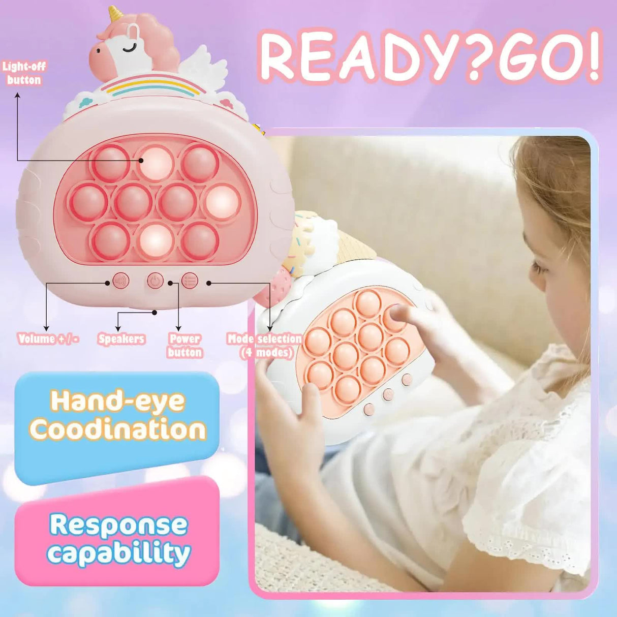Electronic Fast Push Pop Game - Pink Unicorn Fidget Console with Lights & Sound - 4 Modes Memory & Speed Challenge - Interactive Sensory Toy for Kids 3+ & Travel