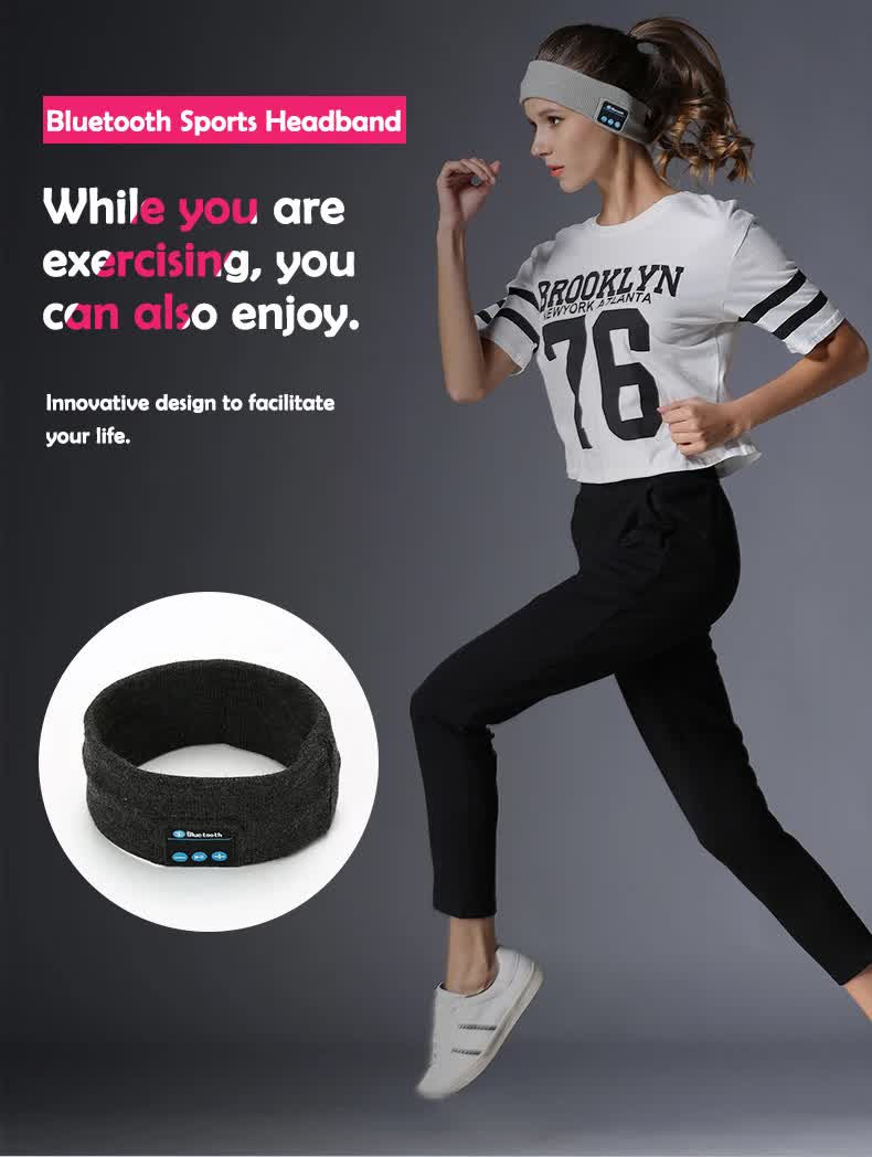 Bluetooth 5.4 Sports Headband Headphones - Wireless Music Sleep Mask for Running & Gym - Sweat Absorbing Washable Cotton Band - Grayish White with Zipper Storage Bag