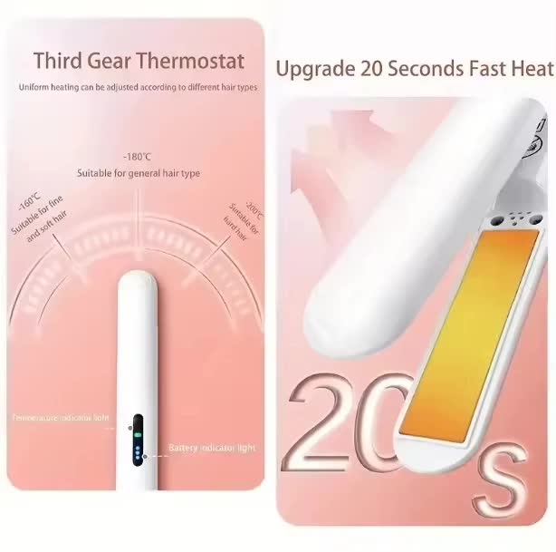 Cordless Mini Hair Straightener & Curler 2-in-1 - Portable USB Rechargeable Ceramic Flat Iron with 3 Temperature Settings - Compact Travel Styler for Bangs & Touch Ups - Pink