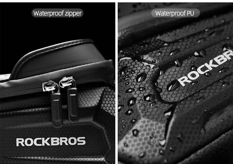ROCKBROS Hard Shell Bike Top Tube Bag - Waterproof Cycling Frame Pouch with TPU Touchscreen Phone Holder & Sun Visor - 1.7L Large Capacity for MTB & Road Bikes - Black