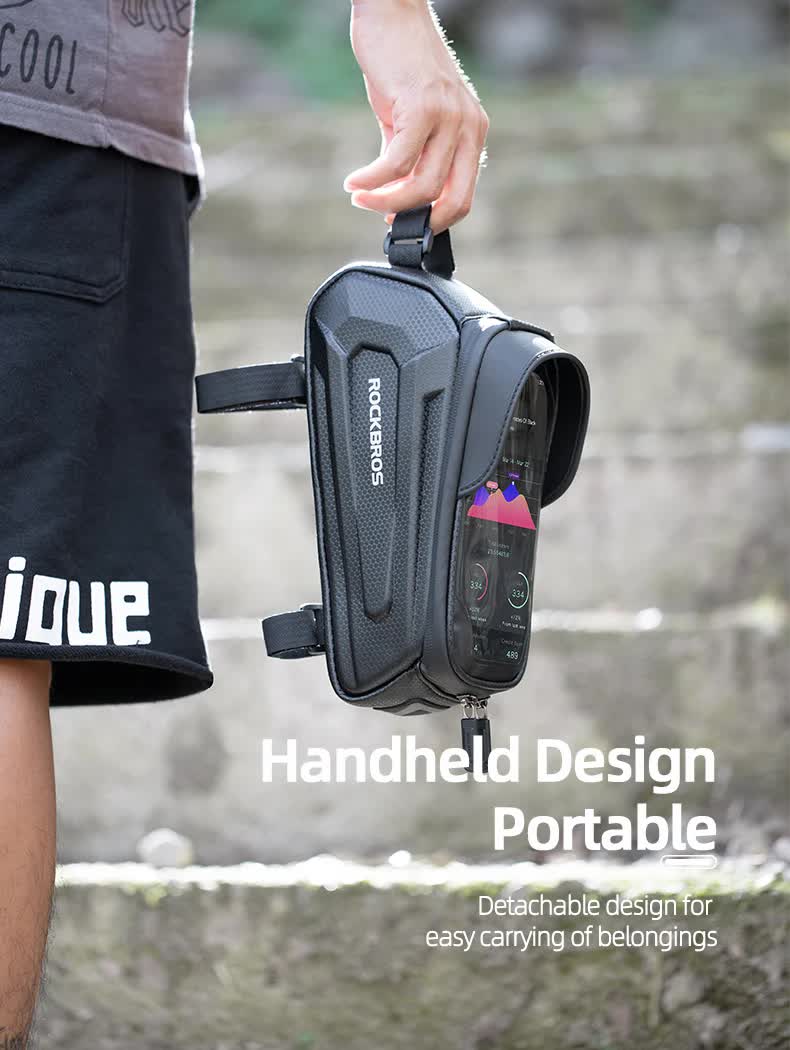 ROCKBROS Hard Shell Bike Top Tube Bag - Waterproof Cycling Frame Pouch with TPU Touchscreen Phone Holder & Sun Visor - 1.7L Large Capacity for MTB & Road Bikes - Black