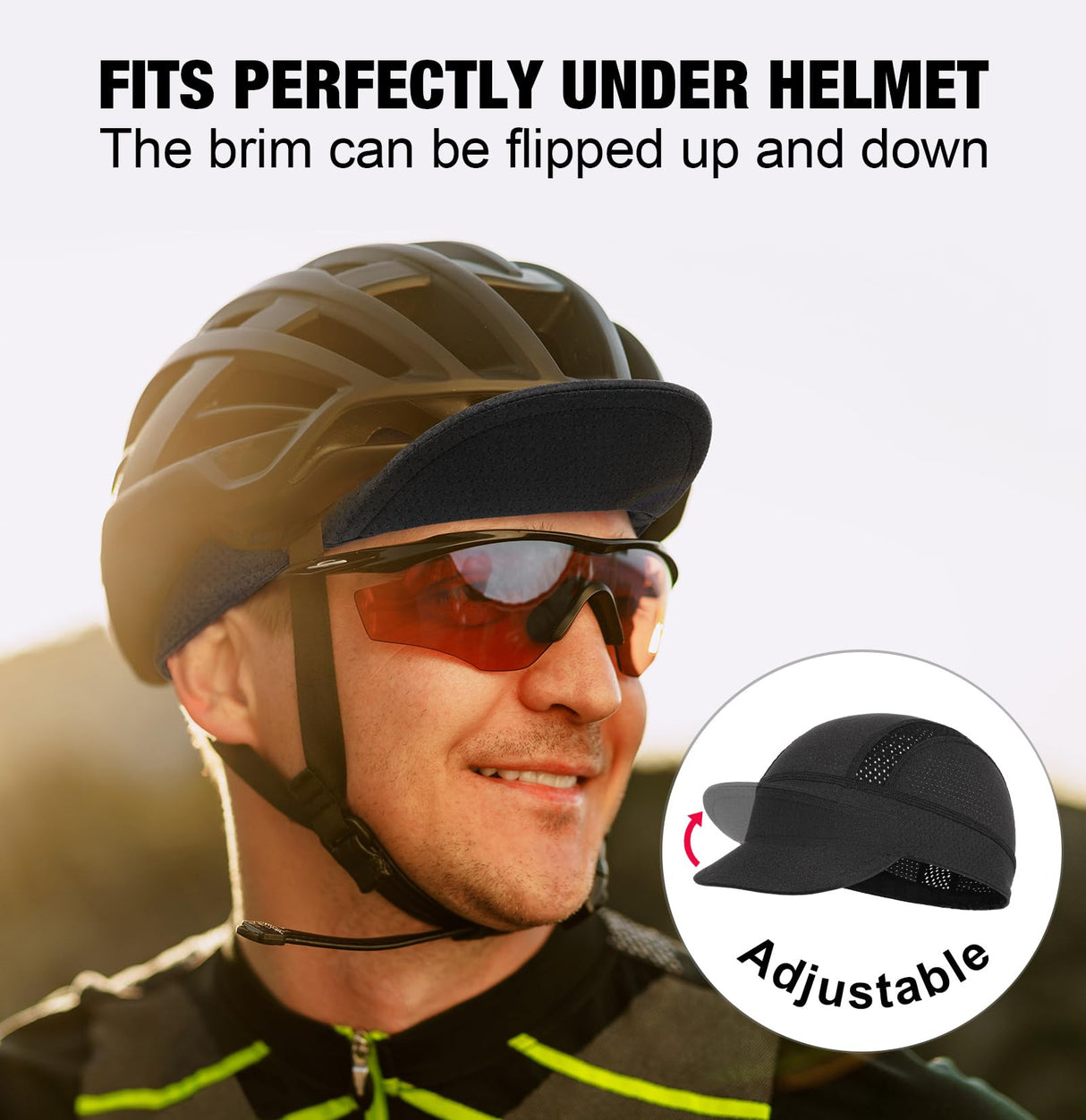 Red Mesh Cycling Cap Under Helmet Liner Breathable Skull Cap with Flip Up Brim Sun Shade Moisture Wicking Hat for Bike Running Fits 55-60cm