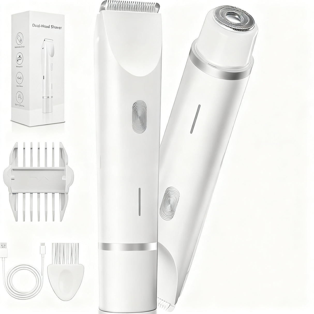 2-in-1 Electric Lady Shaver & Bikini Trimmer Dual Head Waterproof Wet & Dry Body Hair Remover Cordless Razor for Face Legs Underarms White