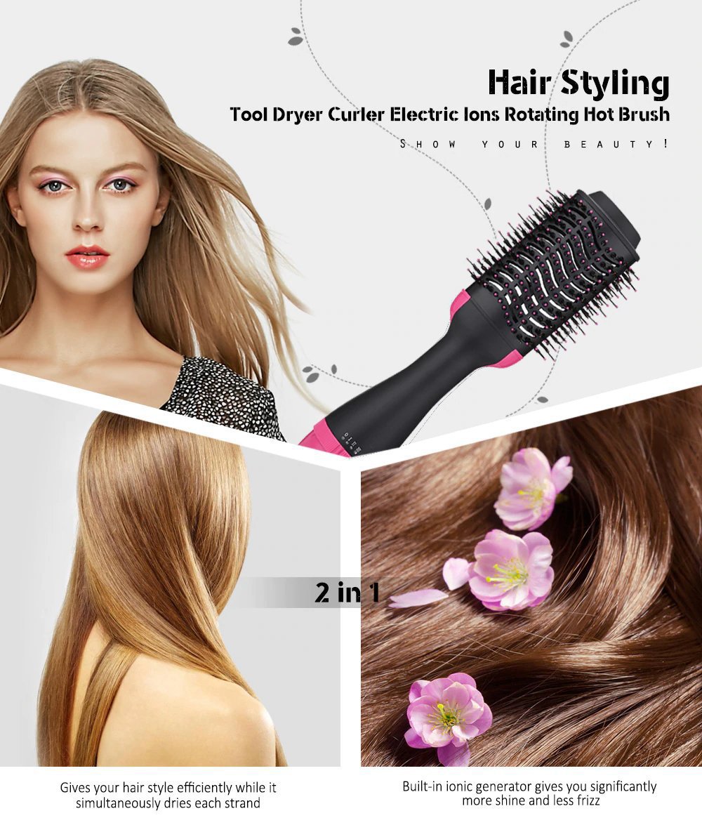 2-in-1 Black-Pink Negative Ion Hot Air Styler Brush - 7-Level Temp & 3-Gear Speed, Fast Drying Blow Dryer & Volumizing Straight/Curling Comb
