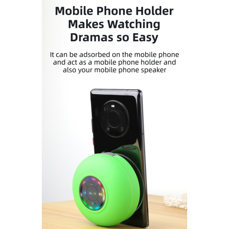 Yellow IPX4 Waterproof Portable Bluetooth Shower Speaker with Suction Cup & LED Light - Multi-Use As Phone Stand, Built-in Mic for Hands-Free Calling