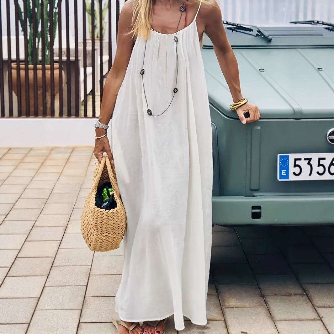 White Women's Crinkle Ice Silk Backless Cami Maxi Dress(Size M) - Loose Fit Lounge Nightgown Slip Dress, Casual Resort Wear