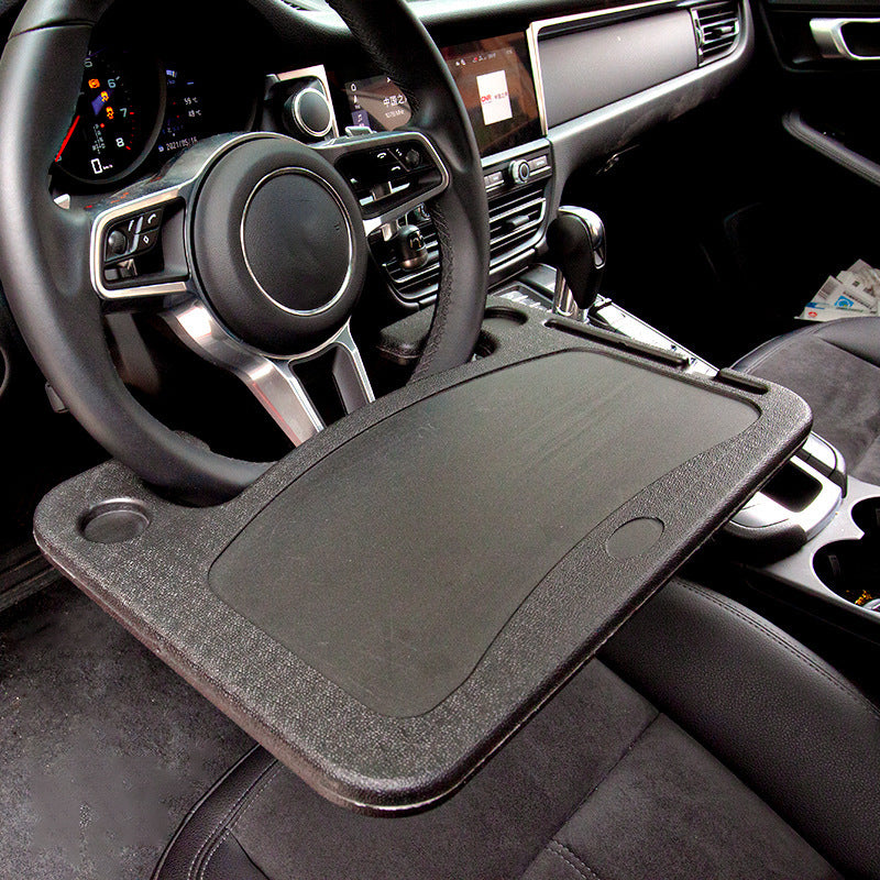 Grey Multi-Functional Car Steering Wheel Tray - Portable Auto Desk for Eating, Laptop, and Drink Holder (42x28CM)