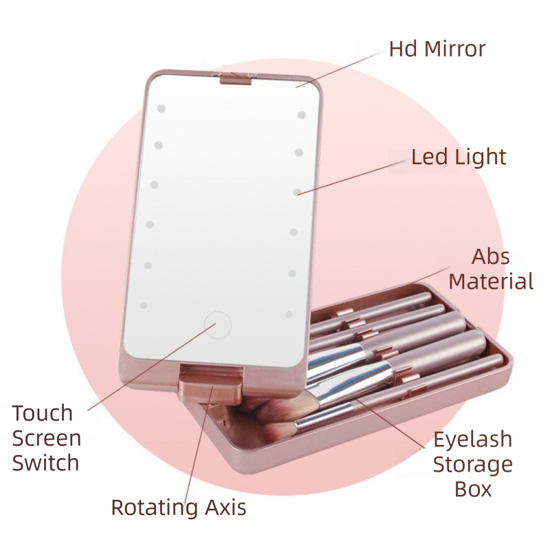 Black Portable LED Makeup Mirror with Lights & Brushes (9x2.5x16CM) - Mini Foldable Desktop Vanity Mirror with Dual Color Temperature