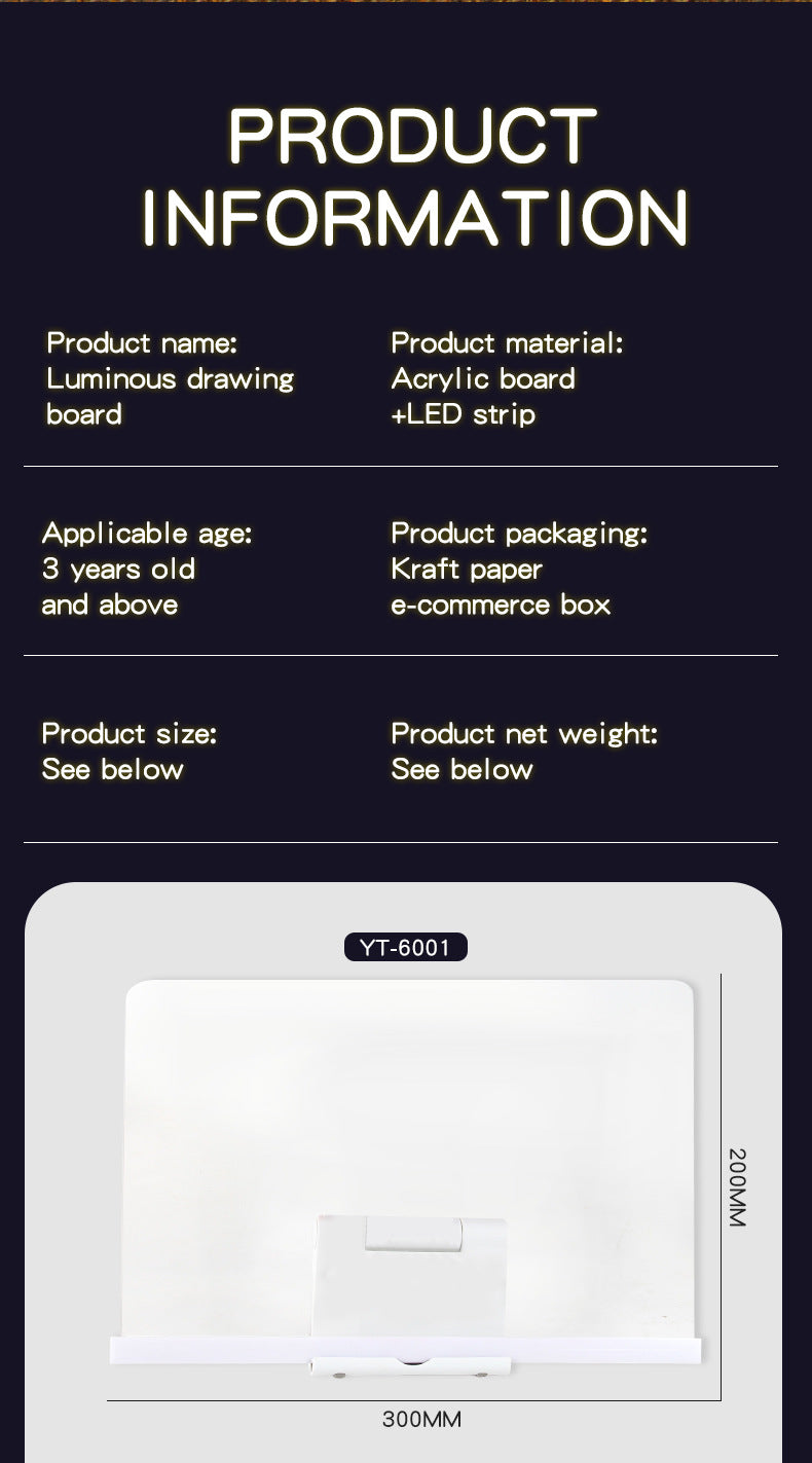 30x20CM LED Light-Up Tracing Doodle Board with 10 Brushes - Erasable Fluorescent Drawing Tablet for Kids, Creative Painting, and Interactive Decoration/Gift