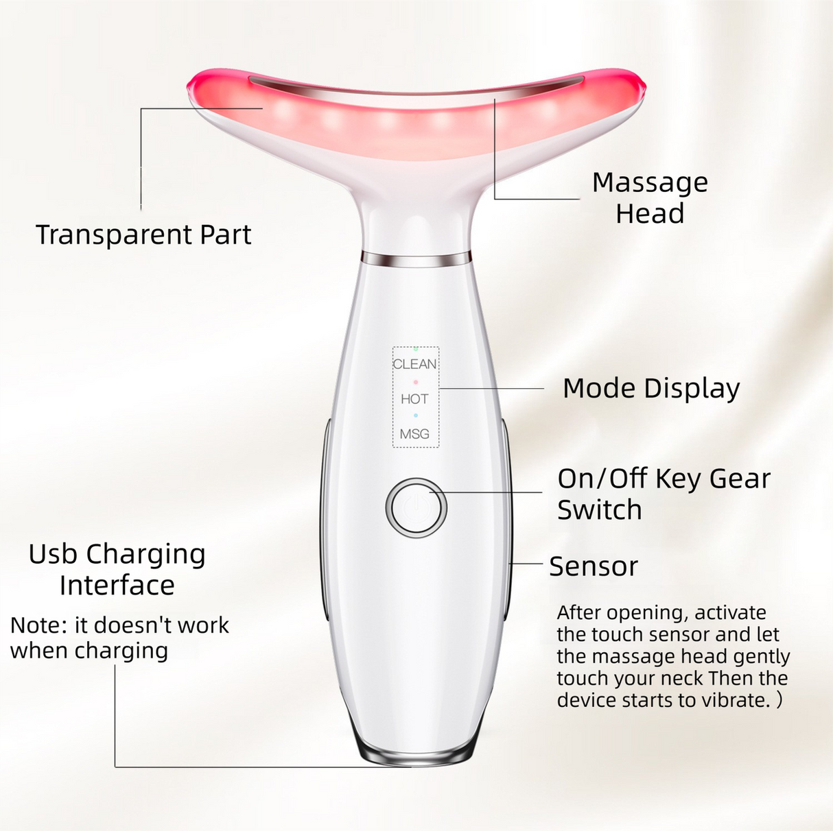 Black Color Light Therapy Beauty Tool and Neck Massager - Essence Infusion Device for Lifting, Firming, Hydration & Skin Rejuvenation