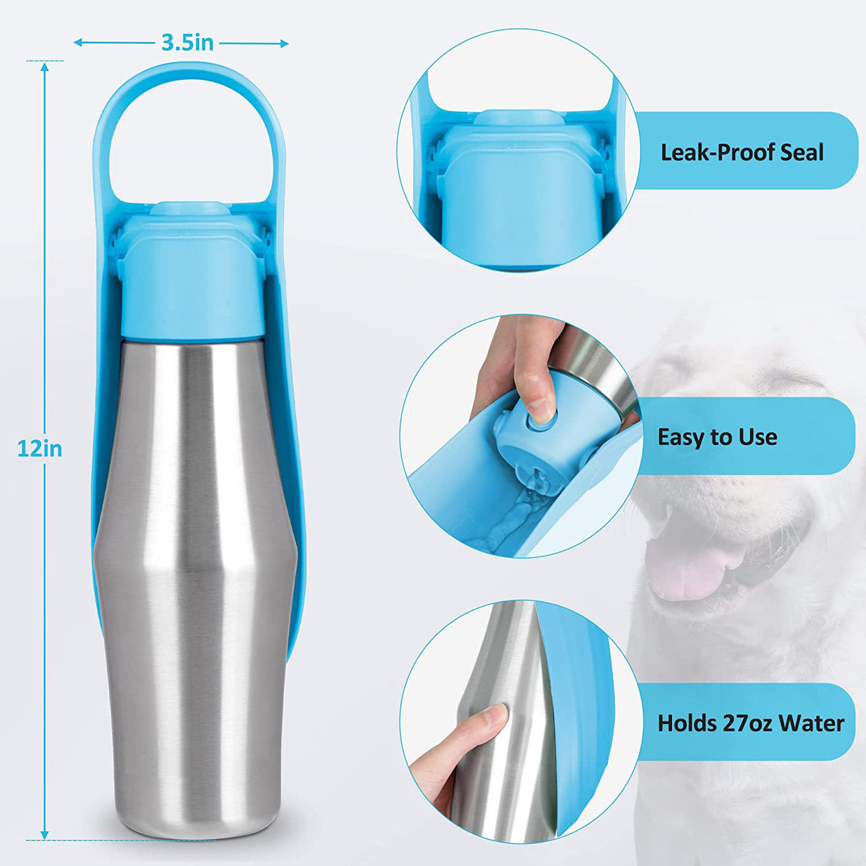 Light Blue 27oz Food-Grade 304 Stainless Steel Pet Water Bottle - Portable Dog and Cat Travel Cup, Outdoor Feeder for Walks and Hikes
