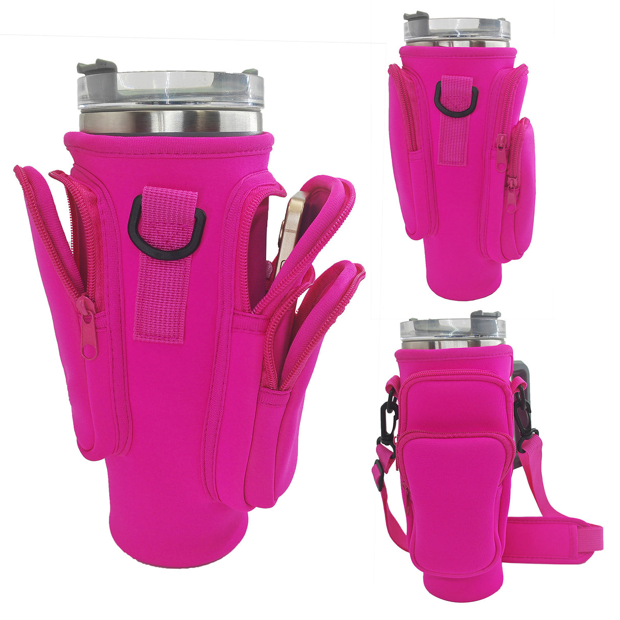 40oz Rose Red Insulated Tumbler Carrier Sleeve with Adjustable Shoulder Strap - Neoprene Triple-Pocket Holder for Outdoor and Car Use