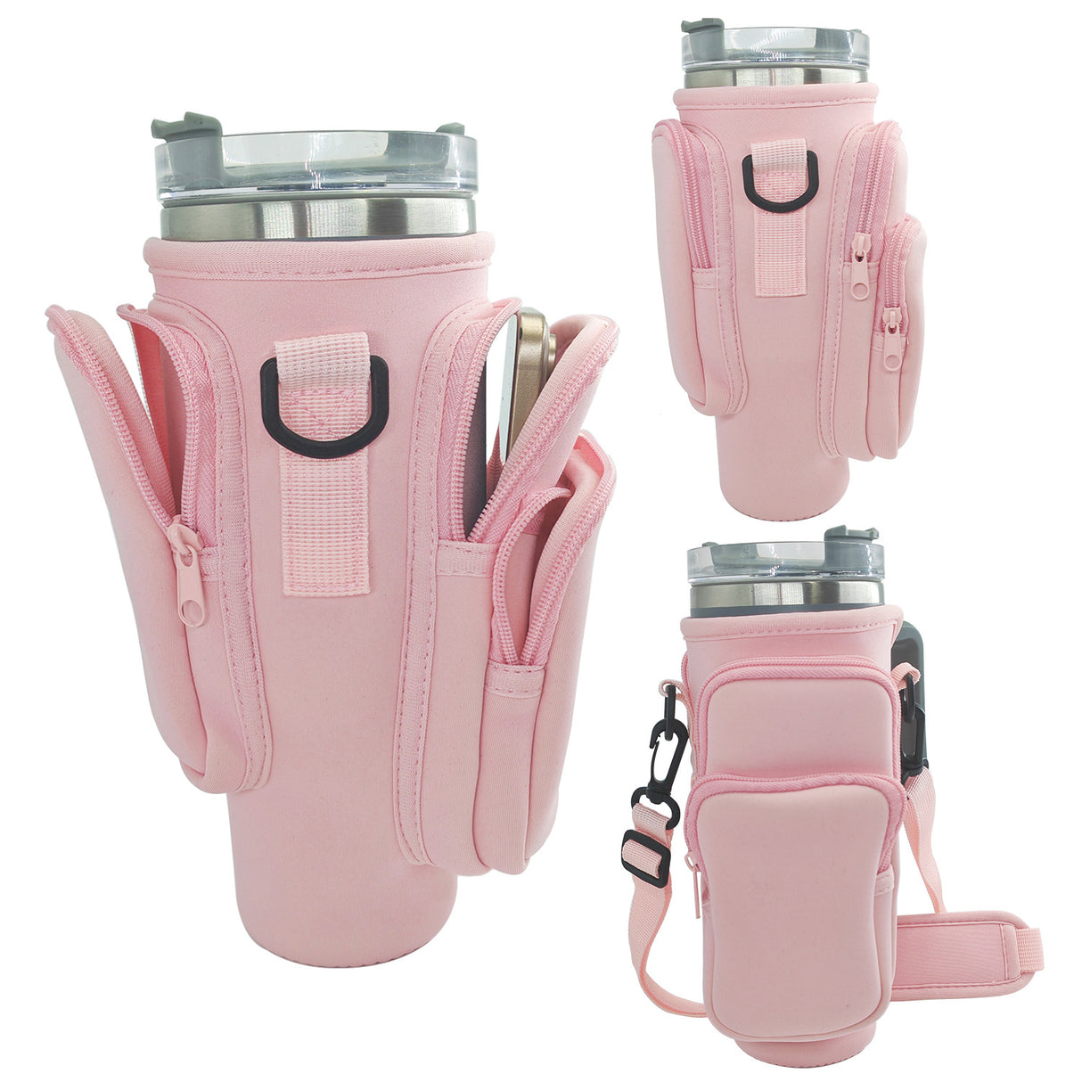 40oz Pink Insulated Tumbler Carrier Sleeve with Adjustable Shoulder Strap - Neoprene Triple-Pocket Holder for Outdoor and Car Use