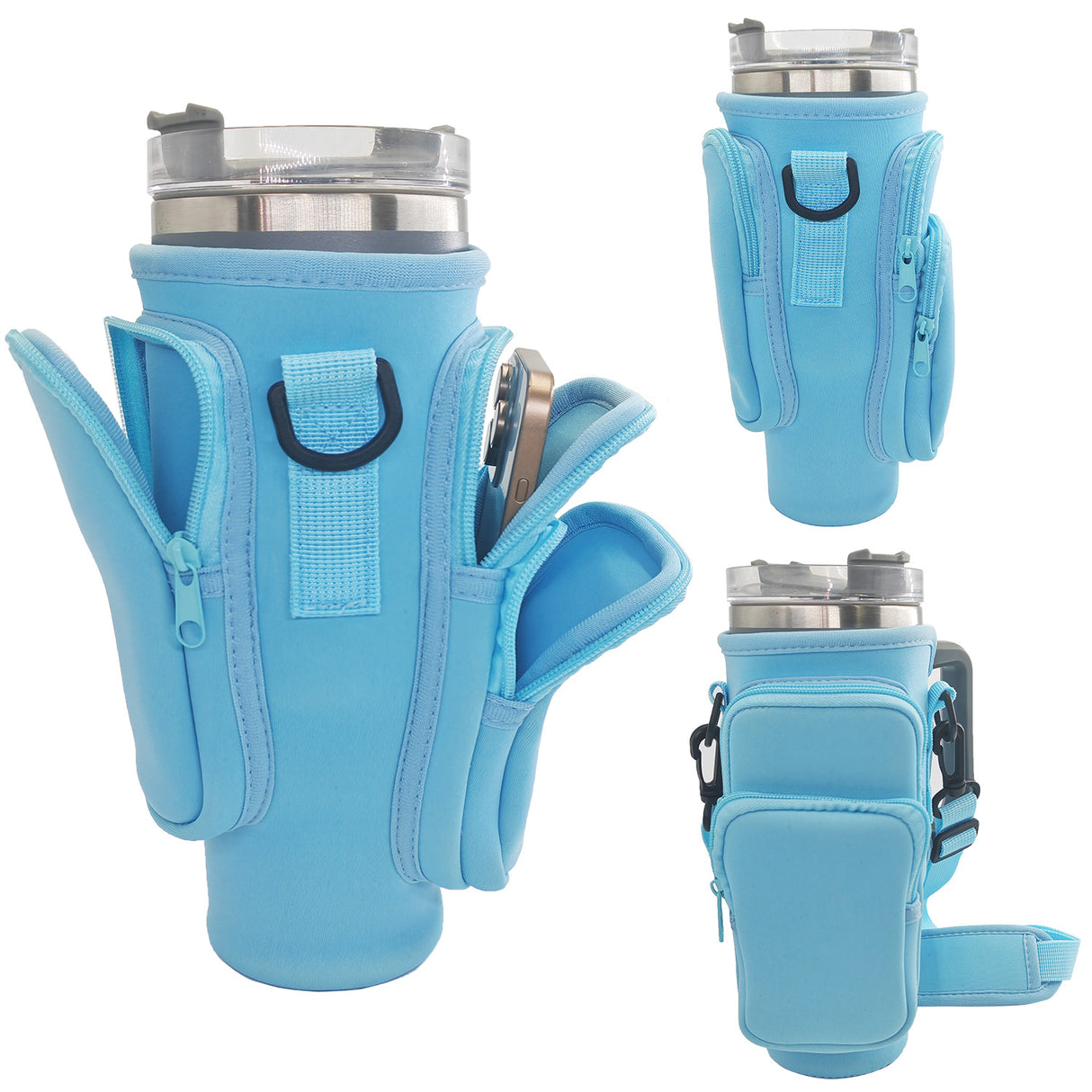 40oz Blue Insulated Tumbler Carrier Sleeve with Adjustable Shoulder Strap - Neoprene Triple-Pocket Holder for Outdoor and Car Use