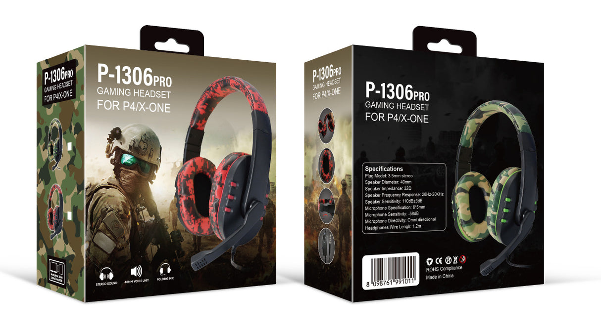 Camouflage Green Over-Ear Wired Gaming Headset with Microphone - Direct Plug-in E-Sports Headphones for PC, Console & Mobile Gaming