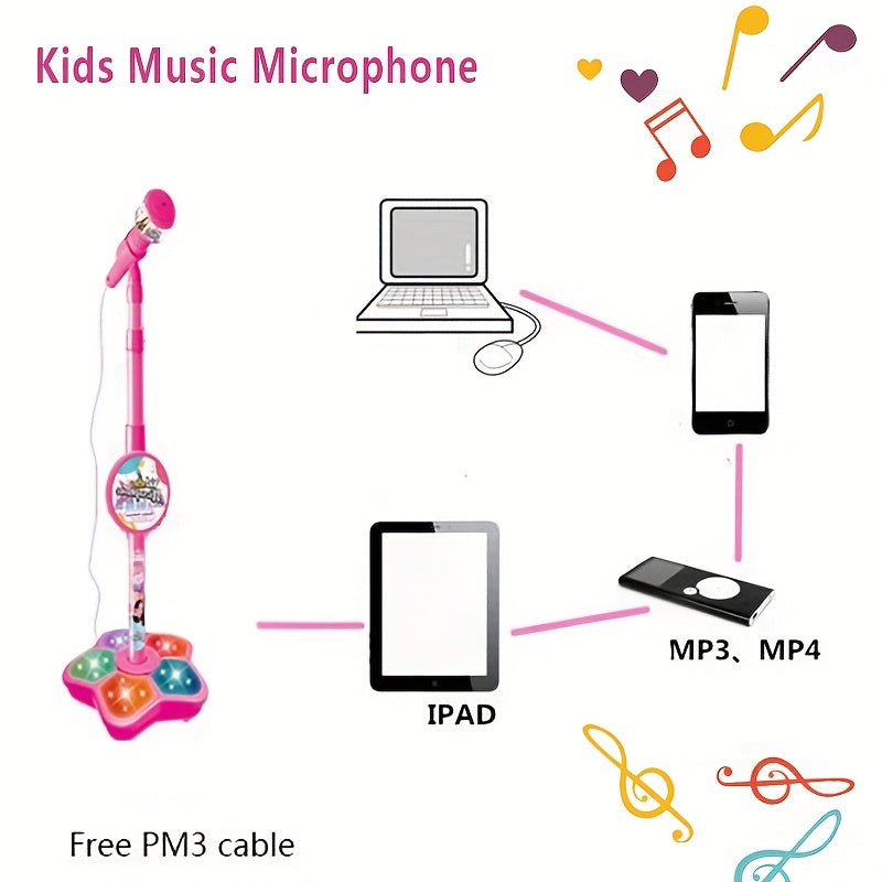 Kids Blue Karaoke Microphone & Adjustable Stand Toy - Portable Singing Machine Educational Musical Toy, Connects to Smartphones for MP3 Music Playback