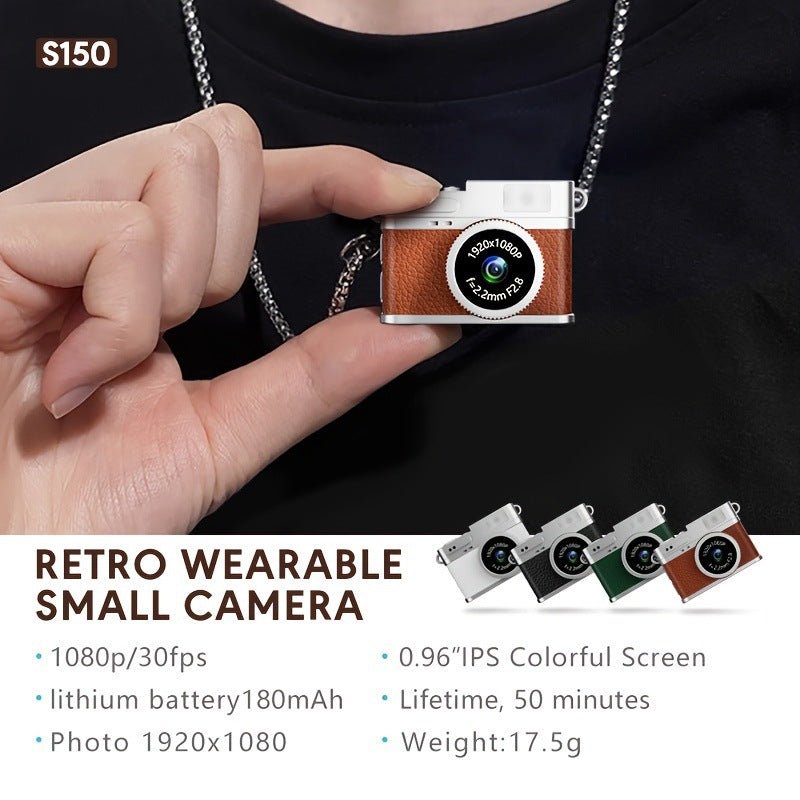 Retro Style Ultra-Mini Thumb Cam for Vlogging (Black) - Portable Digital Photo & Video Recorder with 32GB Memory Card & 0.96" Screen, Free Wearable Keychain & Necklace