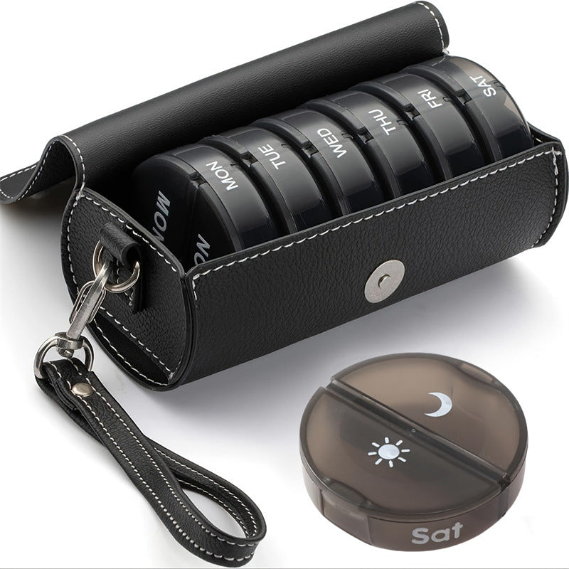 Portable 7-Day Weekly Travel Pill Organizer with Black PU Leather Pouch - 14 Black Compartments AM/PM Medication Planner, Dustproof & Light-Shielding