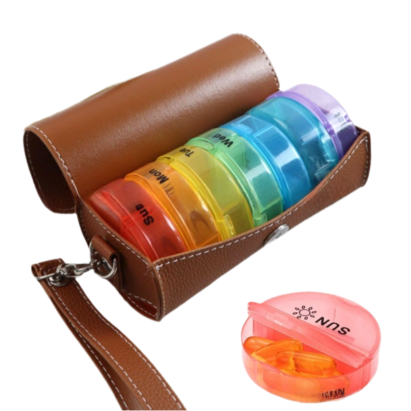 Portable 7-Day Weekly Travel Pill Organizer with Brown PU Leather Pouch - 14 Colorful Compartments AM/PM Medication Planner, Dustproof & Light-Shielding