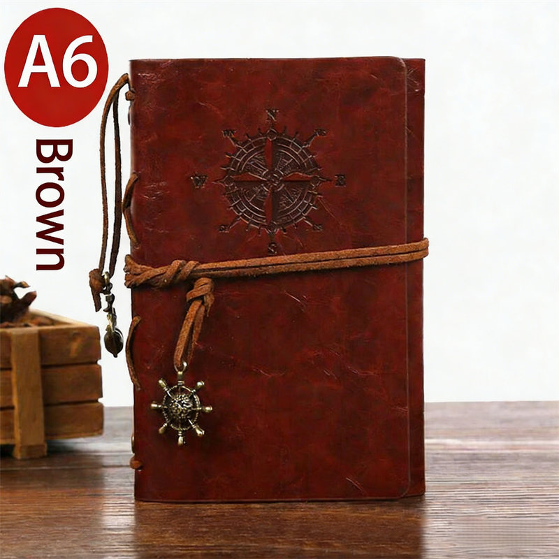 2-Pack A6 Nautical Vintage PU Leather Student Notebook - Pirate Style Strapped Diary with 150 Pages of Refillable Kraft Paper(Brown)