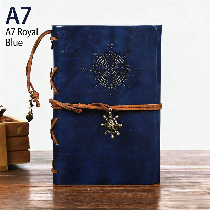 2-Pack A7 Nautical Vintage PU Leather Student Notebook - Pirate Style Strapped Diary with 150 Pages of Refillable Kraft Paper(Royal Blue)