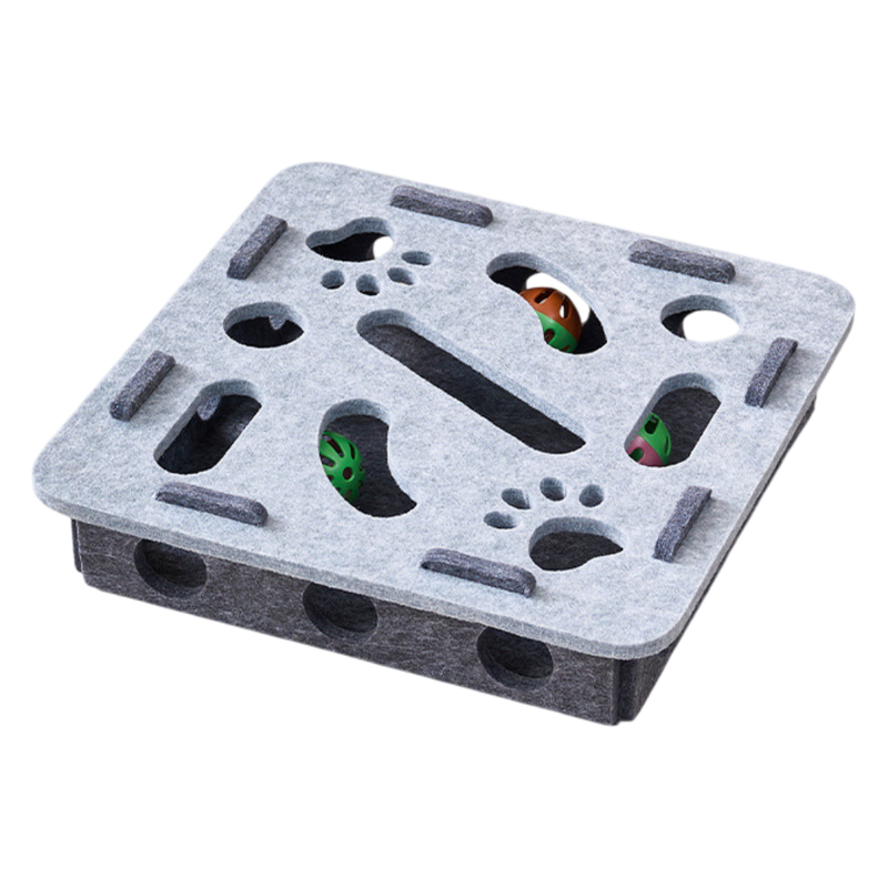 Grey Felt Puzzle Square Shape Box Cat Toy with 2 Metal Bell Balls - Scratch-Resistant & Interactive Hide-and-Seek Toy, Brain Stimulating Fun
