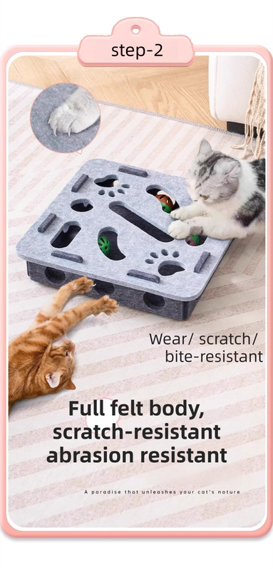 Grey Felt Puzzle Square Shape Box Cat Toy with 2 Metal Bell Balls - Scratch-Resistant & Interactive Hide-and-Seek Toy, Brain Stimulating Fun