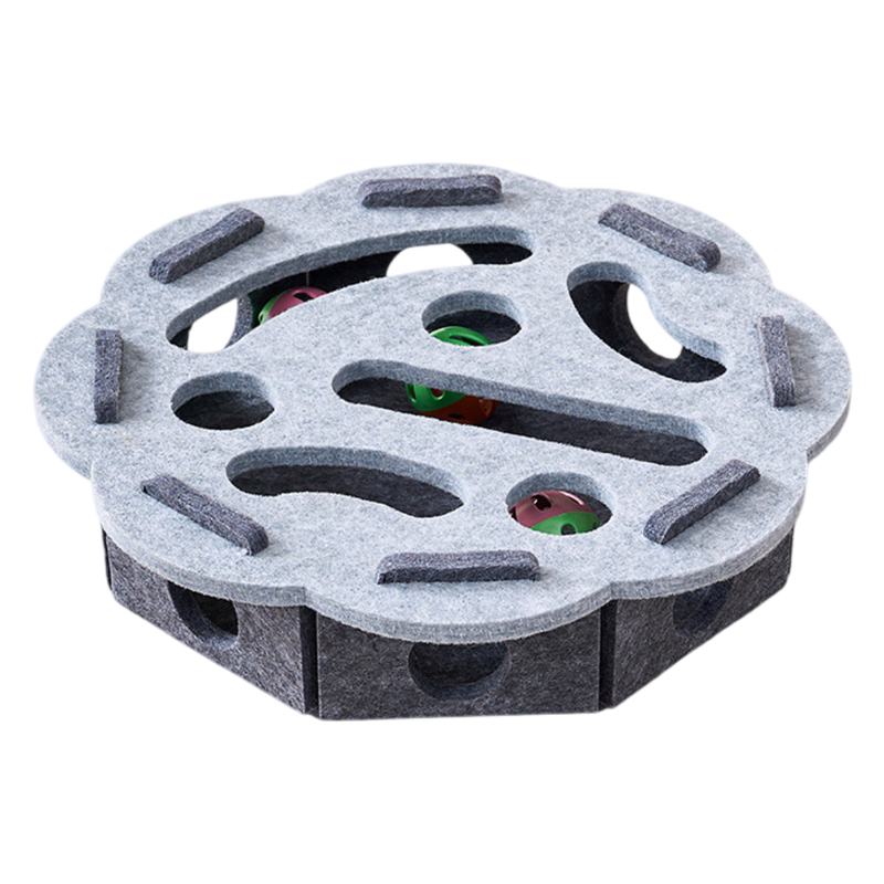 Grey Felt Puzzle Flower Shape Box Cat Toy with 2 Metal Bell Balls - Scratch-Resistant & Interactive Hide-and-Seek Toy, Brain Stimulating Fun