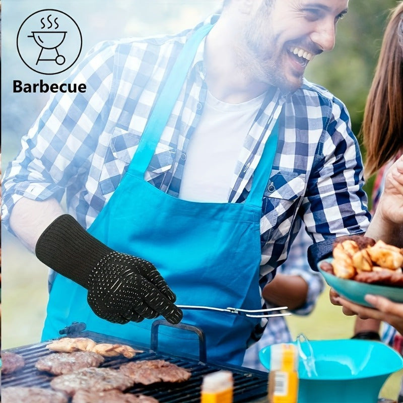 One Pair Grey Extreme Heat Resistant BBQ Gloves (800°C/1472°F) - Non-Slip Silicone Coated Fireproof Mitts for Smoker, Oven & Industrial Use