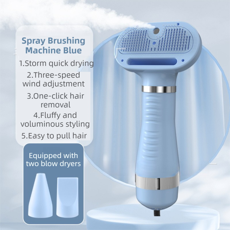 Blue 6-in-1 Pet Grooming Hair Dryer with Noise-Reduction - Lightweight Handheld Blow Dryer & Mist Slicker Brush - 3-Speed Temperature Control, One-Click Deshedding & Painless Massage