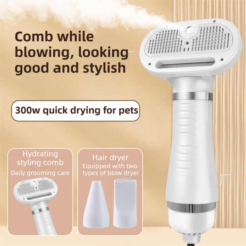 Blue 6-in-1 Pet Grooming Hair Dryer with Noise-Reduction - Lightweight Handheld Blow Dryer & Mist Slicker Brush - 3-Speed Temperature Control, One-Click Deshedding & Painless Massage