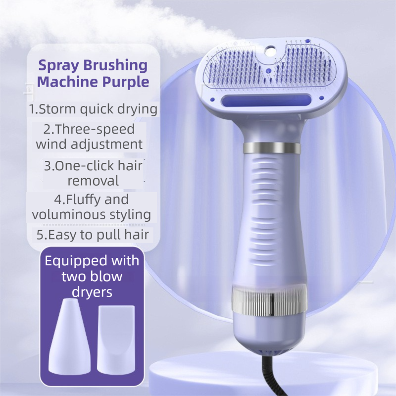 Purple 6-in-1 Pet Grooming Hair Dryer with Noise-Reduction - Lightweight Handheld Blow Dryer & Mist Slicker Brush - 3-Speed Temperature Control, One-Click Deshedding & Painless Massage