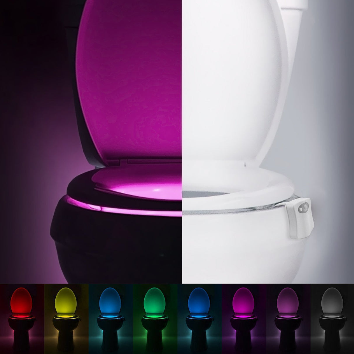 2-Pack 8-Color LED Toilet Night Light - Universal Fit Smart Motion Activated Bathroom Bowl Light, Multi-Color Cycle & Fixed Mode