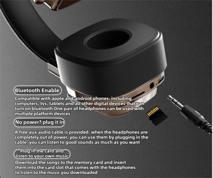 All-Black Stylish Retro Wireless Bluetooth & Plug Hi-Fi Stereo Headphones - Glowing LED Gaming Sports Over-Ear Headset with 10m Range, TypeC-Charging