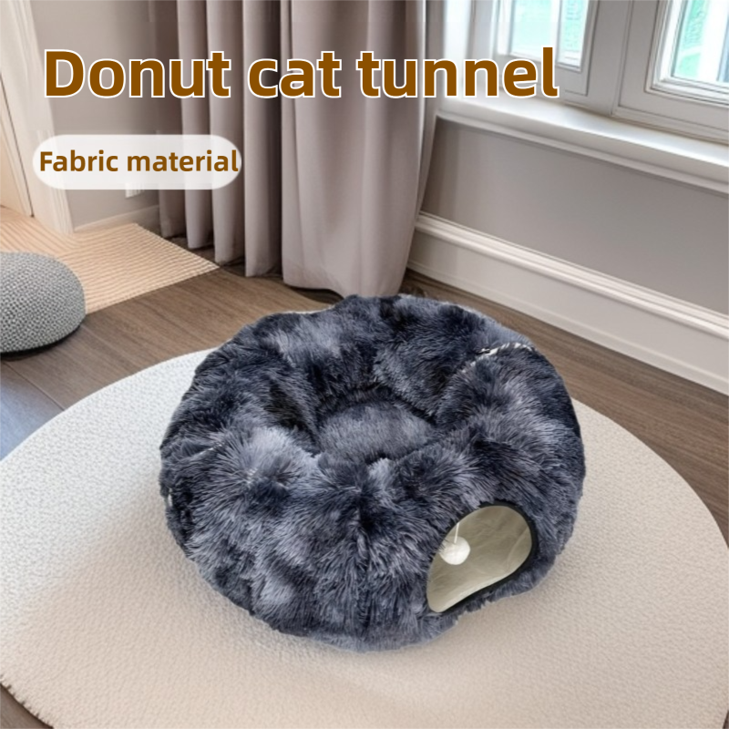 2-in-1 Dark Grey Tie-Dye Donut-Shaped Cat Tunnel Bed - Spacious 85cm Pet Play Tunnel & Lounger, Durable Fabric for Cats & Kittens