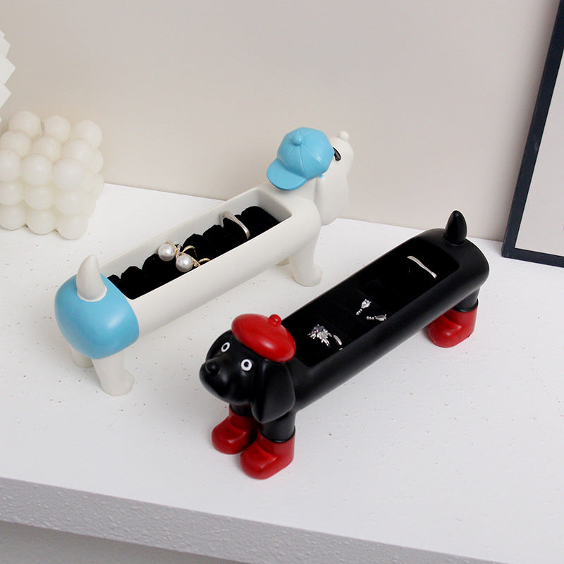 White Resin Dachshund Puppy Ring Earring Tray with Sponge Slots - Unique Dog Lover Gift