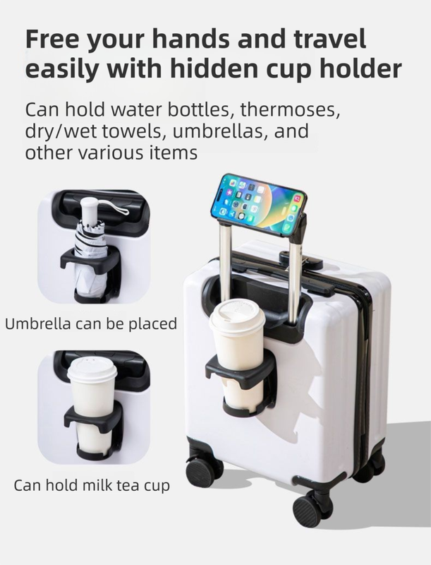 White 14 Inch Lightweight Carry-on Luggage for heights over 1.6m - Underseat & Overhead Cabin Hardside Suitcase with Cup Holder & Phone Stand