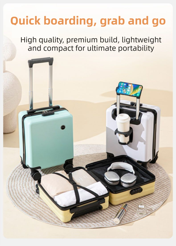 White 14 Inch Lightweight Carry-on Luggage for heights over 1.6m - Underseat & Overhead Cabin Hardside Suitcase with Cup Holder & Phone Stand