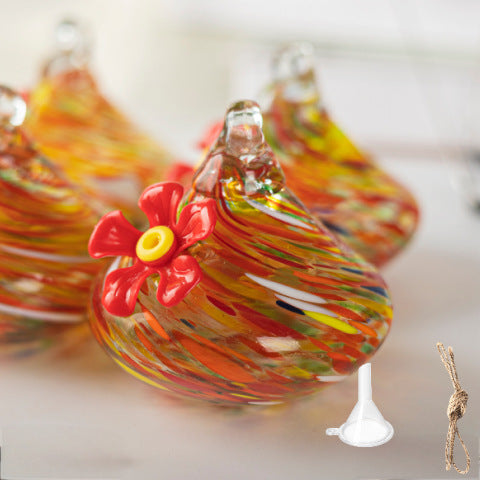 Outdoor Hand-Blown Glass Bird Feeder - Durable Weather-Proof Bird Waterer, Includes Funnel & Hanging Rope (Single - Red Silk)