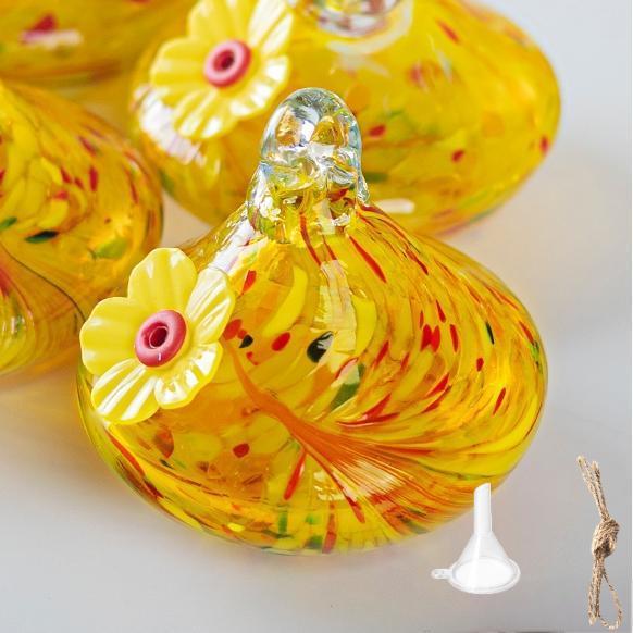 Outdoor Hand-Blown Glass Bird Feeder - Durable Weather-Proof Bird Waterer, Includes Funnel & Hanging Rope (Single - Yellow Silk)