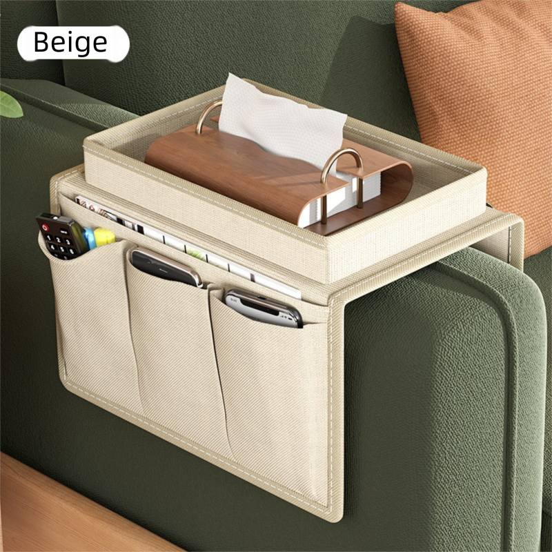 Beige Foldable Sofa Armrest Organizer With 3-Zones - 20kg Load Capacity, Thickended Oxford Cloth Storage Bag for Dorms, Cars & Living Rooms