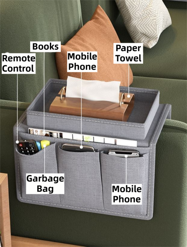 Grey Foldable Sofa Armrest Organizer With 3-Zones - 20kg Load Capacity, Thickended Oxford Cloth Storage Bag for Dorms, Cars & Living Rooms