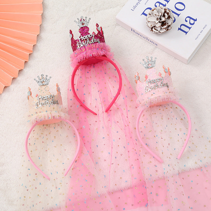 Pink 2-Pack Tulle Crown Headbands with "Happy Birthday" Sparkle Design for Kids – Princess Party Hair Accessories