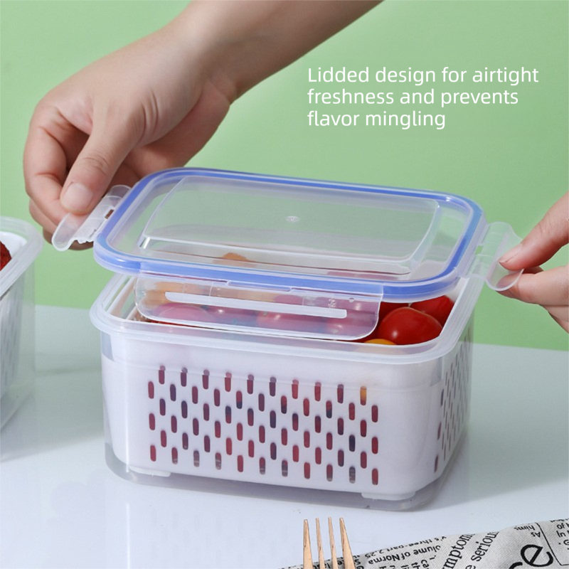Blue 3-Piece Refrigerator Food Storage Container Set with Drain Basket and Airtight Lid 850ml 1750ml 3300ml Stackable Produce Saver for Local Homes