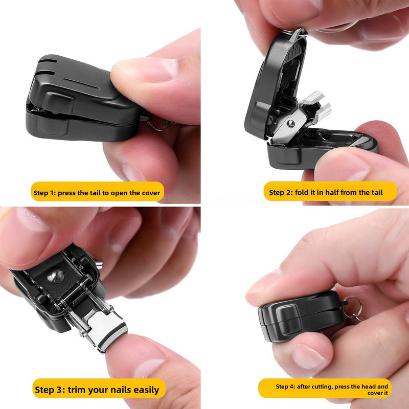 Mini Cat Design Black Compact Folding Nail Clippers with Stainless Steel Blade and Keychain Design for Daily Use Local Standard Fit