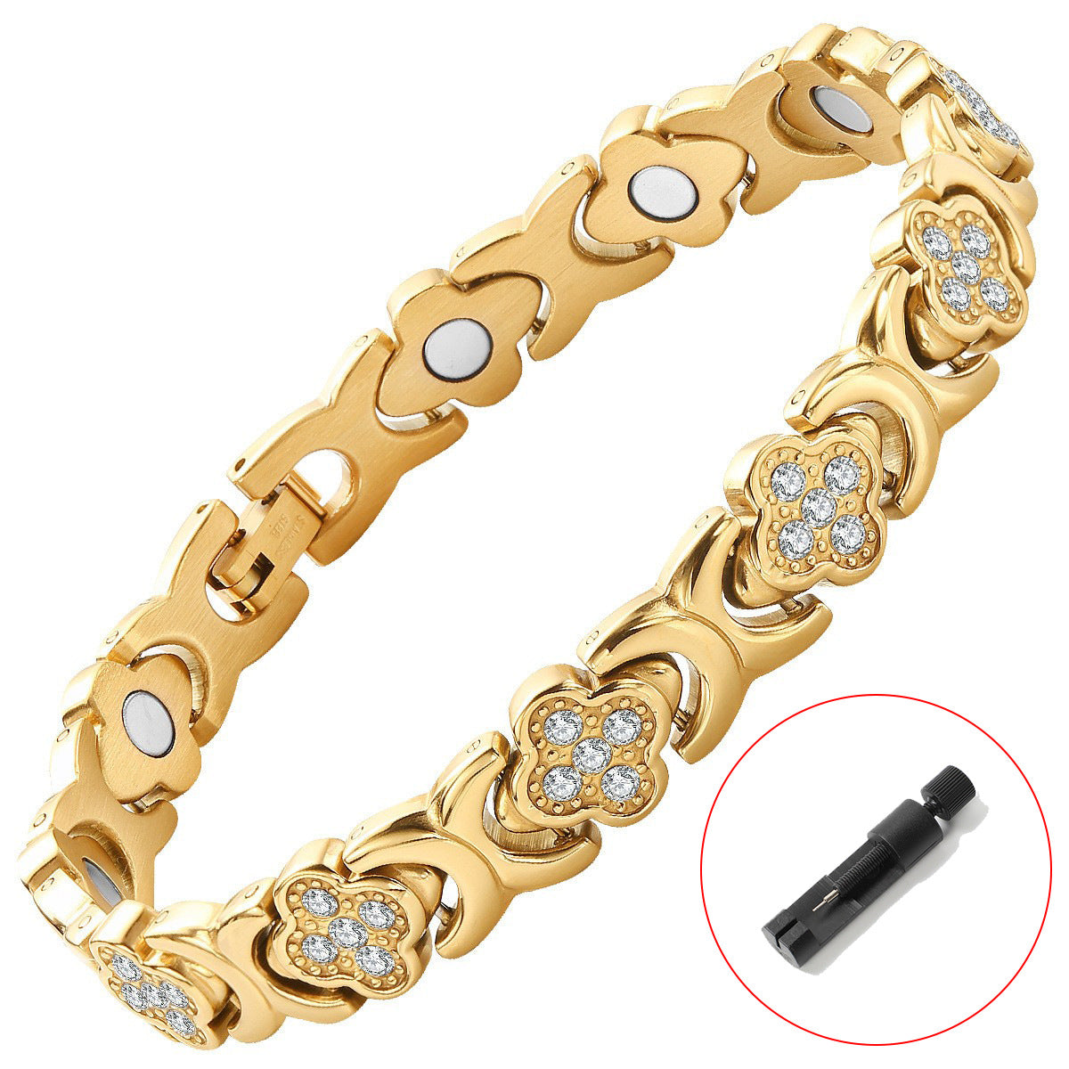 Black New Fashion Lightweight Luxury Four-Leaf Clover Diamond Inlaid Bracelet - Alloy Magnetic Watch Band Style Bracelet for Women + Free Disassembly Tool